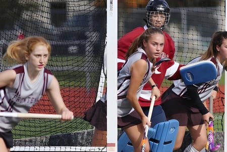 Estudiantes de la Kingston Secondary School juegan un partido de hockey sobre campo en el campo deportivo.