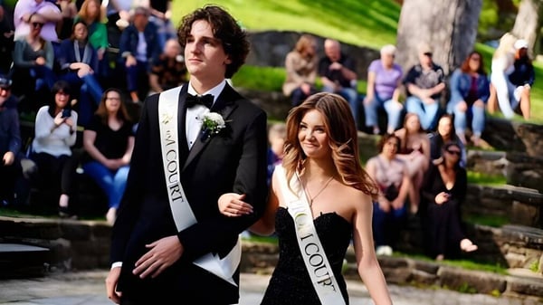 Estudiantes de la Lake George Junior-Senior High School participan en un evento formal al aire libre.