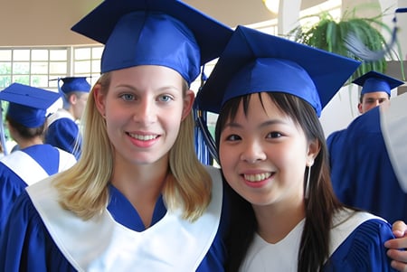 Dos estudiantes de la Langley Fine Arts School sonríen y posan con togas académicas en una ceremonia de graduación.