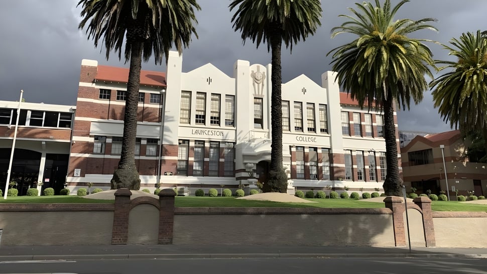 El gran edificio de ladrillo decorado de Launceston College con palmeras en primer plano bajo un cielo nublado.