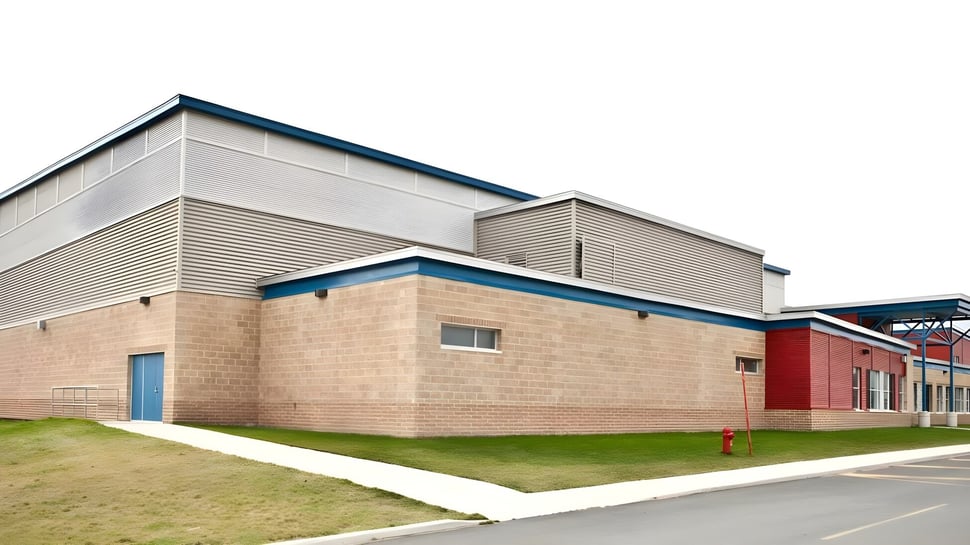 El moderno edificio escolar de Laval High School de varios pisos con elementos de vidrio, metal y ladrillo, rodeado de áreas verdes.