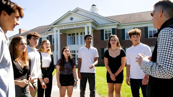 Un grupo de alumnos está frente a un edificio de ladrillo en el campus de la Lawrence Academy.