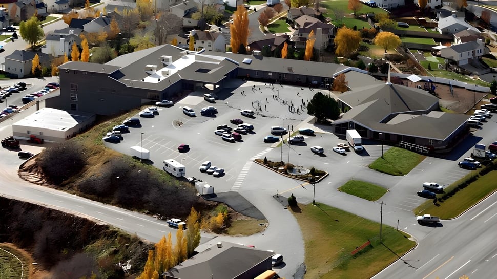 El edificio principal de varios pisos de la Layton Christian Academy con una gran plaza exterior y edificios más pequeños circundantes ante un paisaje montañoso.