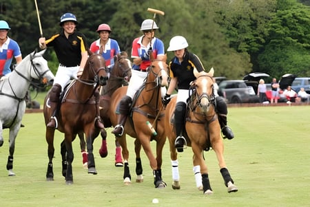 Estudiantes de la Lincoln Minster School montan a caballo en un campo cubierto de hierba con árboles y edificios al fondo.