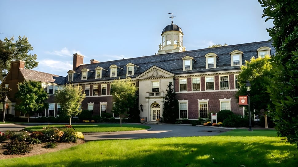 El edificio histórico con torre del reloj en el campus de la Loomis Chaffee School está rodeado de un verde cuidado.