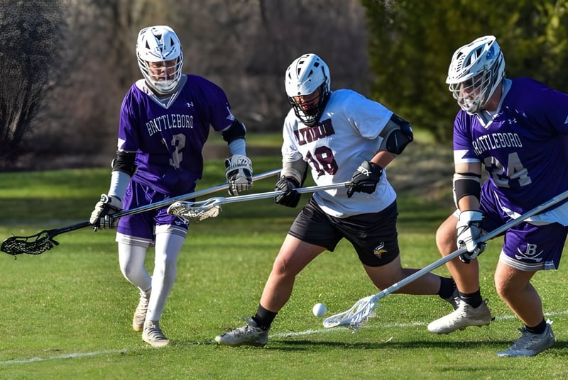Tres jugadores en uniformes de lacrosse compiten en el campo deportivo del Lyndon Institute por la noche.