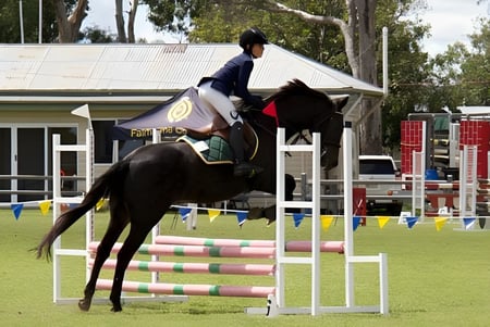 Una estudiante de la Mabel Park State High School salta sobre un obstáculo montando un caballo en un campo cubierto de hierba.