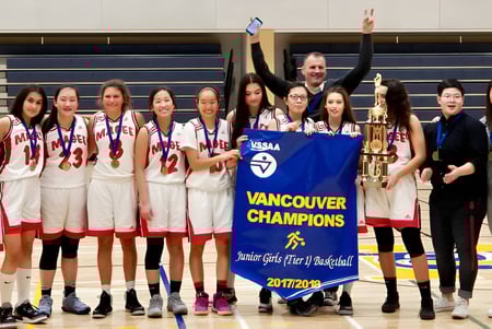 Un grupo de jóvenes jugadoras de baloncesto de la Magee Secondary School sostiene un banner de campeonato en el gimnasio.