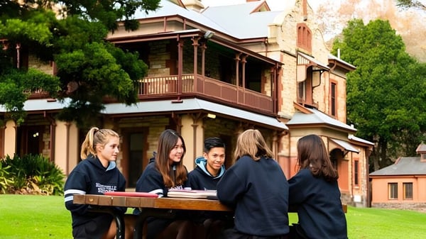 Un grupo de estudiantes de la Marryatville High School está sentado en una mesa en el césped frente a un edificio histórico con porche y rodeado de vegetación.