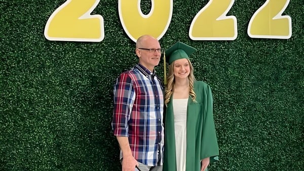 Dos graduados de la Martin Luther High School están frente a un seto verde con el año 2022.