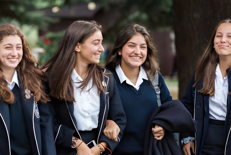 Cuatro alumnas de la Marymount International School están sonriendo juntas en el área verde exterior de la escuela.