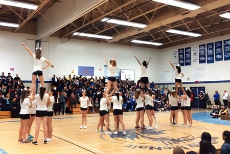 Un grupo de jóvenes deportistas femeninas realiza ejercicios de gimnasia en el gimnasio de la Matthew McNair Secondary School ante un público.