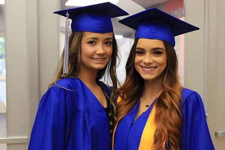 Dos egresadas en togas y birretes azules posan sonriendo en el campus del Mercy College.