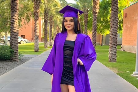 Una persona en toga de graduación morada está de pie en un camino flanqueado por palmeras en el entorno verde del Mesa Unified School District.