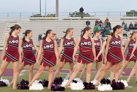Un grupo de animadoras en uniformes a juego está en el campo deportivo del Milford Public School District frente a los espectadores.