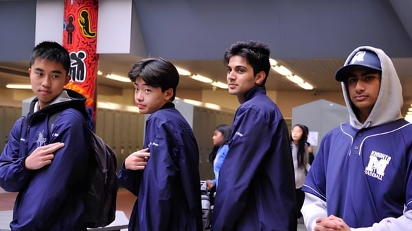 Un grupo de estudiantes de la Milliken Mills Secondary School está de pie en un interior frente a un elemento decorativo rojo y blanco.