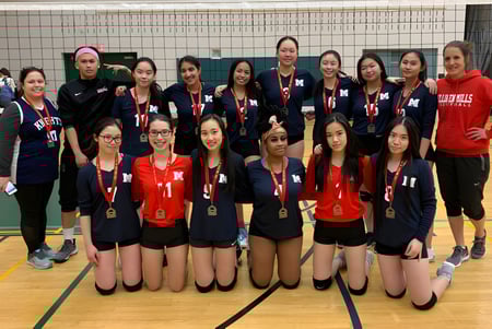 Un grupo de jóvenes jugadoras de voleibol de la Milliken Mills Secondary School está de pie con medallas y trofeos en el gimnasio.