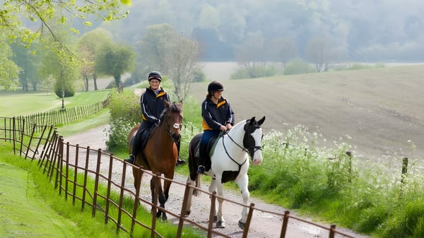 Dos personas montan a caballo en un camino cercado en el paisaje verde del terreno de la Milton Abbey School.