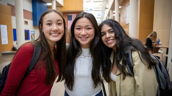 Tres alumnas con cabello largo y oscuro están de pie en el pasillo de Minnetonka Public Schools y sonríen juntas.