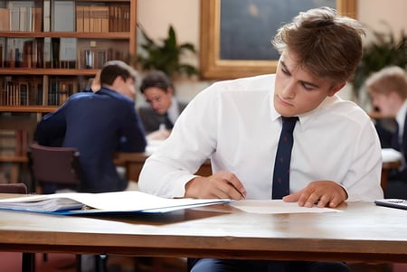 Un estudiante de la Monmouth School for Boys estudia concentrado documentos en una mesa de madera en el aula.