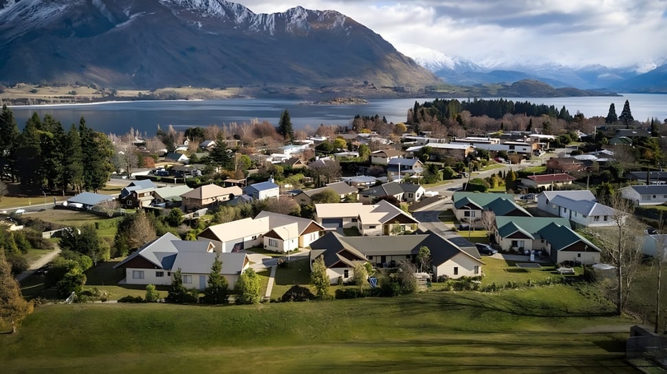 El pintoresco valle con montañas y un lago en los alrededores del Mount Aspiring College.