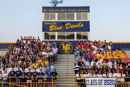 Un grupo de estudiantes está sentado en las gradas frente al estadio de la Mount Lebanon High School con el letrero Home of the Blue Devils.