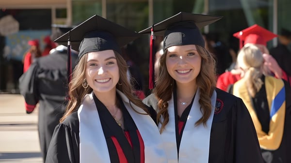 Dos alumnas de la Murietta Valley High School están en togas de graduación frente a un grupo de otros graduados.