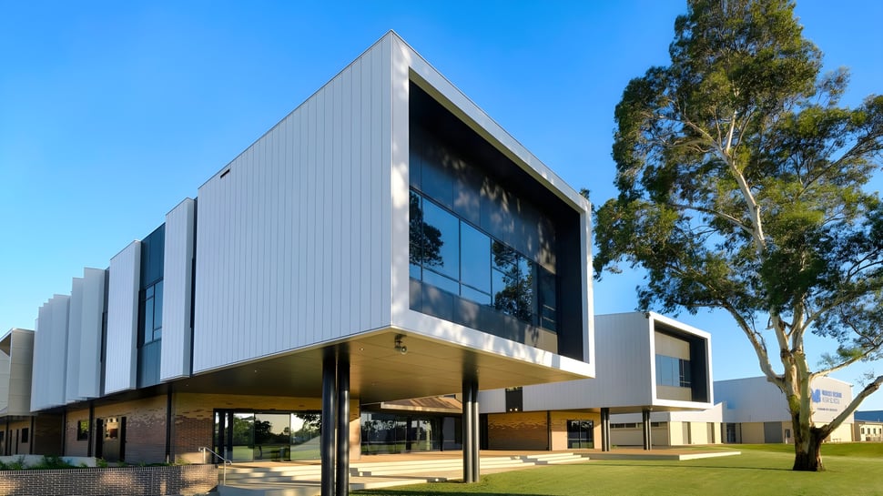 El moderno edificio de la Murray Bridge High School con grandes ventanales de vidrio se encuentra en un entorno similar a un parque con árboles y áreas de césped.