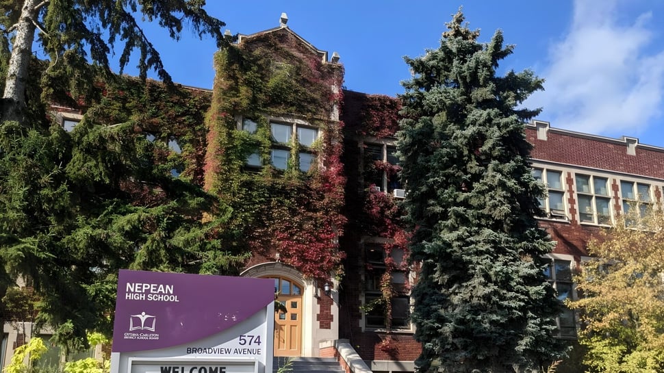 Se puede ver el edificio de ladrillo de la Nepean High School con paredes cubiertas de hiedra y rodeado de árboles de coníferas.