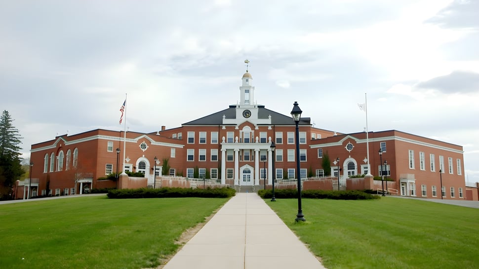 El edificio principal de la Newburyport High School con una torre central y arquitectura decorada en un área verde con árboles circundantes.