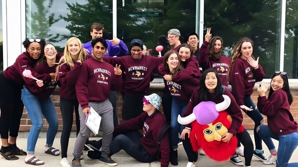 Un grupo de estudiantes de la Newmarket High School está frente a un edificio con grandes ventanas y árboles.