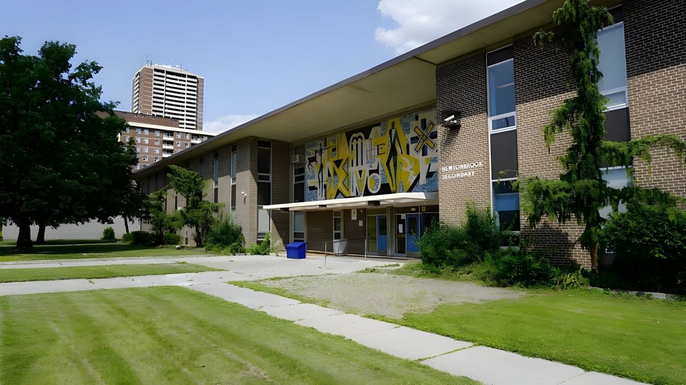 El edificio de ladrillo de la Newtonbrook Secondary School con grandes ventanas y coloridos murales rodeado de césped cuidado y árboles.
