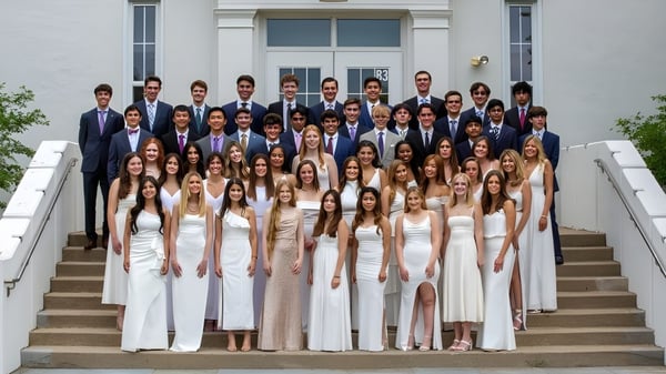 Un gran grupo de estudiantes vestidos formalmente se encuentra en las escaleras de un edificio representativo de la North Shore Country Day School.