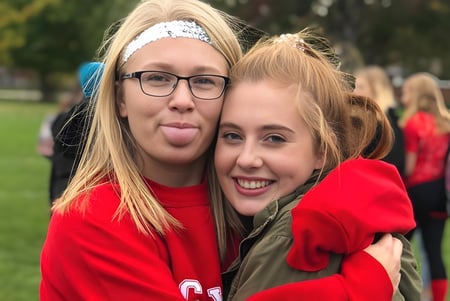 Dos alumnas de la Northern Collegiate Institute & Vocational School hacen caras divertidas y se abrazan en el parque.