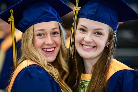 Dos estudiantes de la Notre Dame High School en Calgary posan juntas en la ceremonia de graduación con togas y birretes azules.