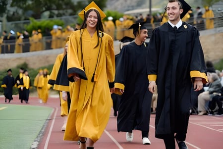 Dos graduados con diferentes togas caminan en el campo deportivo del Oak Park Unified School District junto a una multitud.