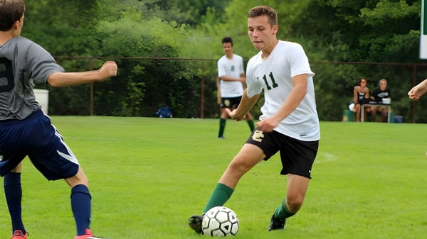 Dos estudiantes juegan al fútbol en el campo de césped de Oakland Christian School con otros jugadores al fondo.