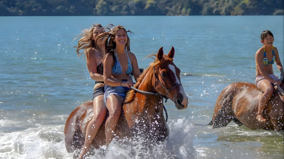 Dos alumnas montan en el agua poco profunda frente a un lago con montañas al fondo en el terreno del Odenz Programm.