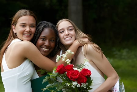 Tres estudiantes de la Oldfields School se abrazan y sostienen juntas un ramo de rosas rojas frente a un jardín verde.