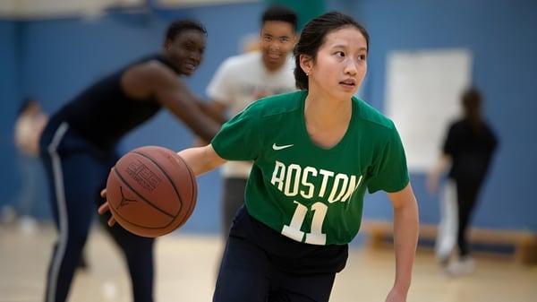 Un estudiante del Oxford International College Brighton dribla un balón de baloncesto en el patio escolar.
