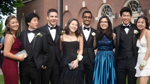 Un grupo de estudiantes de la Phillips Academy en ropa formal frente a un edificio de ladrillo con ventanas de arco.