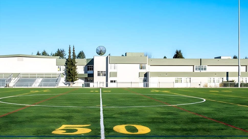 El campo de fútbol de la Pitt Meadows Secondary School con una línea de 50 yardas y una estructura de estadio al fondo.