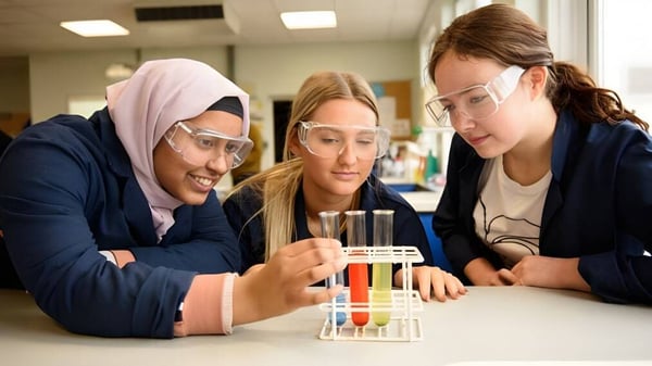 Tres alumnas del Portsmouth College examinan concentradas un dispositivo científico en el laboratorio.