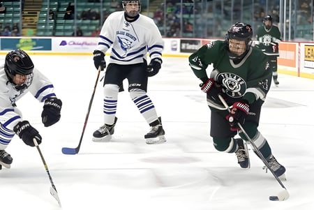 Dos jugadores de hockey sobre hielo en camisetas de equipo luchan sobre el hielo frente a espectadores en la Prince George Secondary School.