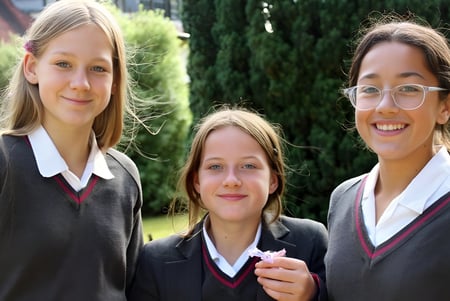 Tres alumnas están en el área exterior de la Prior’s Field School frente a árboles y zonas verdes.