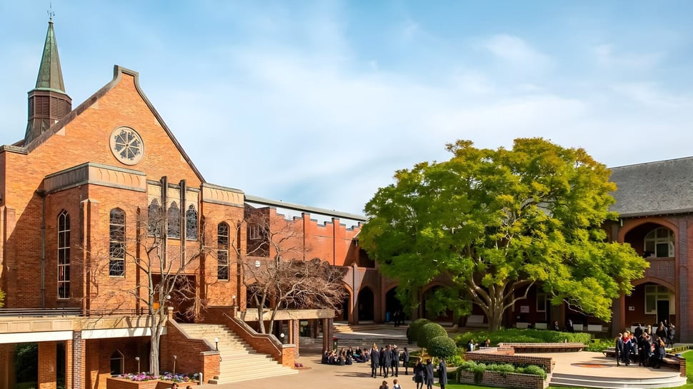 Un edificio de ladrillo con una alta torre en el campus del Pymble Ladies College rodeado de áreas verdes y una acera con paseantes.