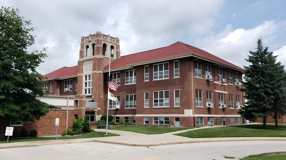 El edificio de ladrillo con un alto torre del reloj en el campus de la Quad Cities Christian School rodeado de árboles y una bandera americana.