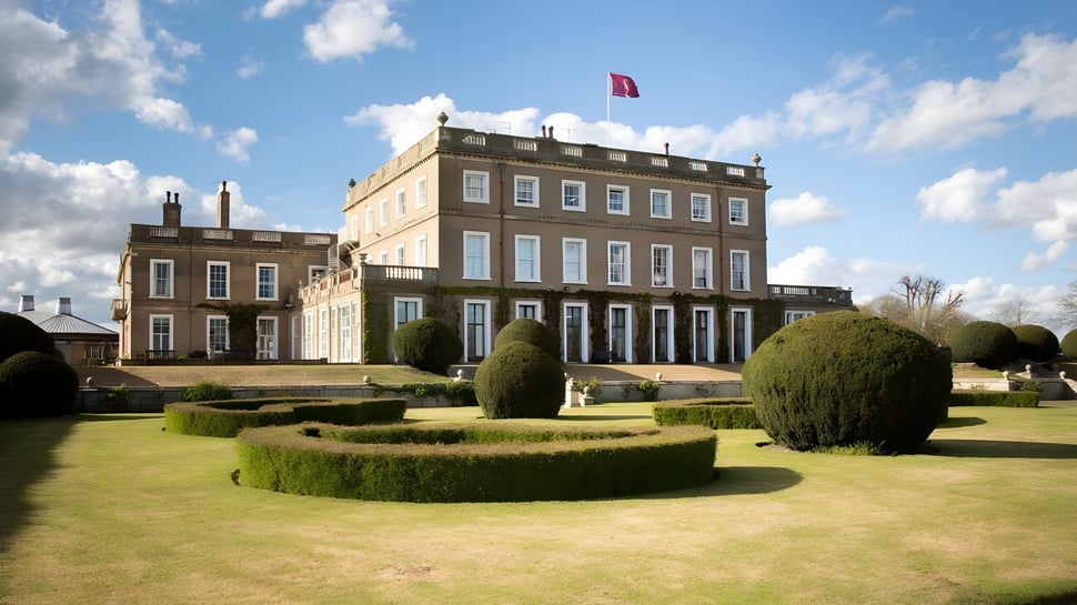 El edificio de varios pisos de la Queen Margaret's School for Girls con una bandera roja y un jardín bien cuidado en primer plano.