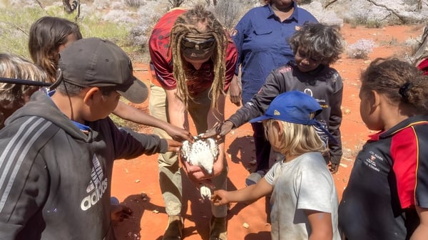 Un grupo de estudiantes de la Ravensthorpe District High School está vestido con ropa tradicional alrededor de un animal muerto en un paisaje desértico.