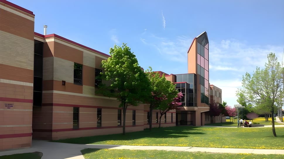 El moderno edificio de varios pisos de la Resurrection Catholic School está integrado en un paisaje verde con árboles y césped.